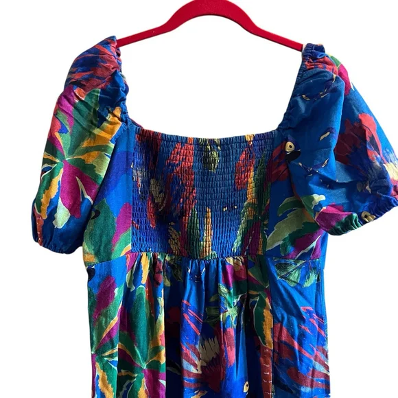 House of Harlow 1960 Large Tropical Parrot Linen Midi Dress Puff Sleeve Blue - Picture 4 of 11